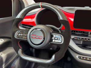 FIAT 500e Gen2 Custom Steering Wheel - Carbon Fiber - Round Top/ Flat Bottom w/ Italian Stripe - Alcantara